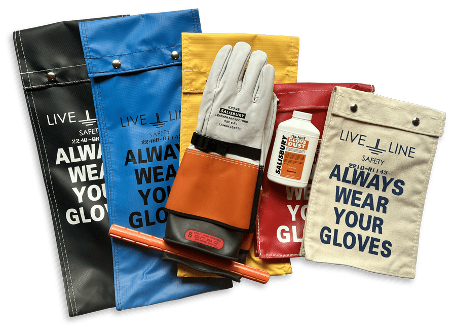 A group of gloves and bags are shown.